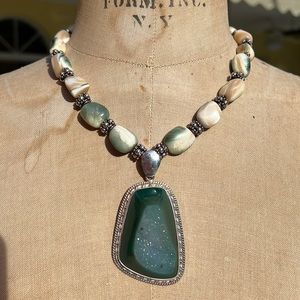 Green Moss Agate Artisan Hand Made Sterling Silver Necklace Large Pendant